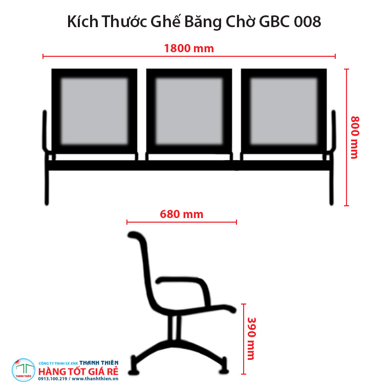 Kích thước ghế băng chờ 3 chỗ ngồi GBC 008